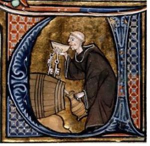 Monk drinking wine right out of the barrel Li Livres dou Santé by en Aldobrandino of Siena - France, late 13th century. British Library